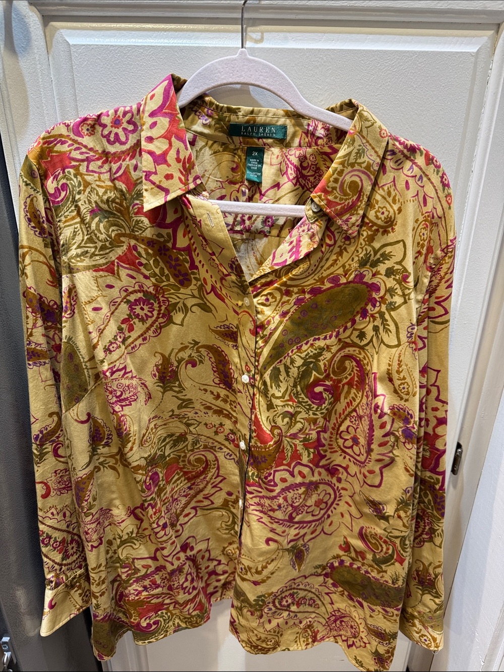 Lauren Ralph Lauren Yellow Gold Paisley Button-Down Shirt with Pink Accents.